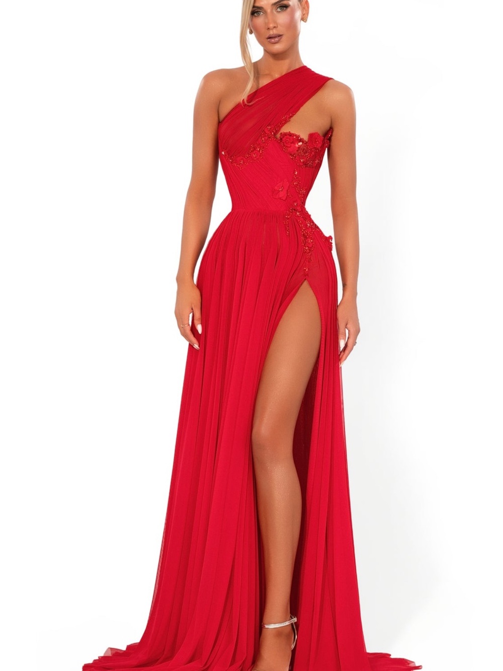 Radiant One-Shoulder Red Evening Gown